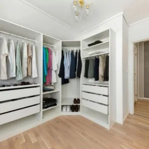 Clean-lined Storage with Pop of Color and Statement Lighting