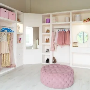 Soft-Toned Wardrobe with Circular and Wooden Elements